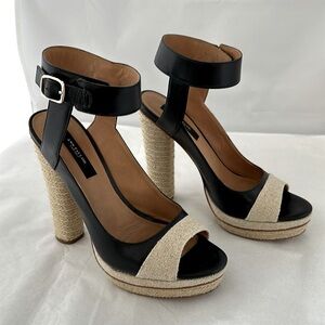 Ann Taylor nautical sandals,ankle strap, linen & leather upper braided heel 7.5